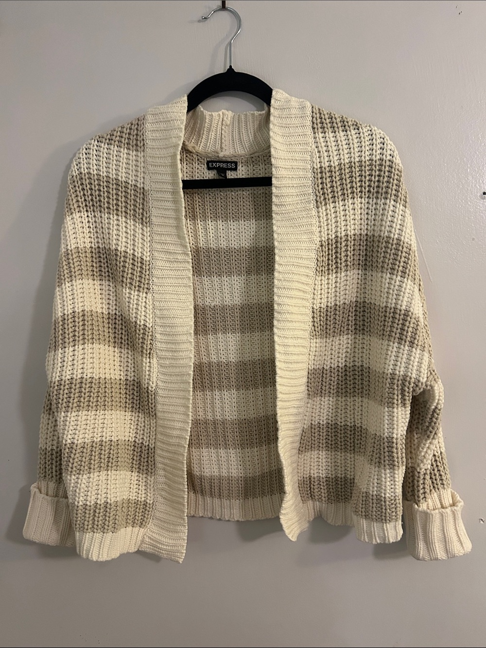 Express Cream and Taupe Striped Open-Front Cardigan